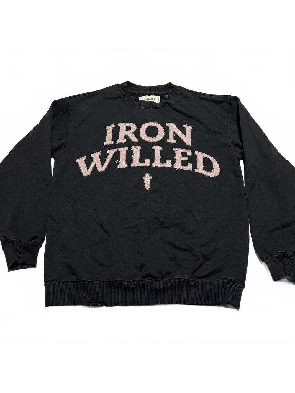 Iron Willed Black Crewneck Sweatshirt with Pink Embroidered Logo Unisex Medium